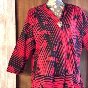 VINTAGE SALLY LOU Dress Red and Black Geometric Design Long Sleeve 70’s-80’s XL
